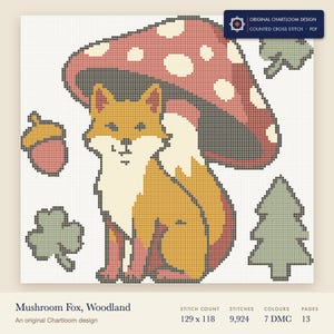 fox cross stitch chart shown as a colour preview with the stitch count and thread count