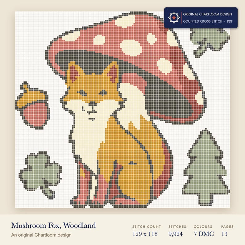 fox cross stitch chart shown as a colour preview with the stitch count and thread count