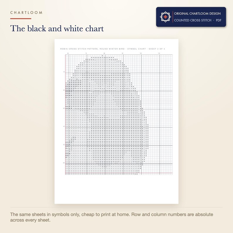 The black and white symbol chart from the a robin cross stitch pattern PDF, symbols only