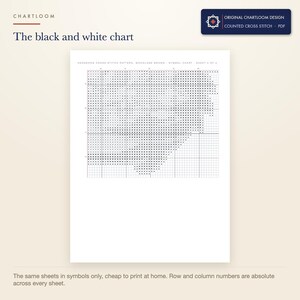 The black and white symbol chart from the a hedgehog cross stitch pattern PDF, symbols only