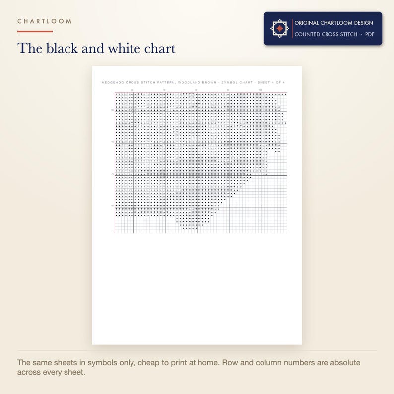 The black and white symbol chart from the a hedgehog cross stitch pattern PDF, symbols only