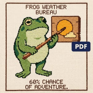 A finished frog weather bureau cross stitch piece, stitched and framed on a wall