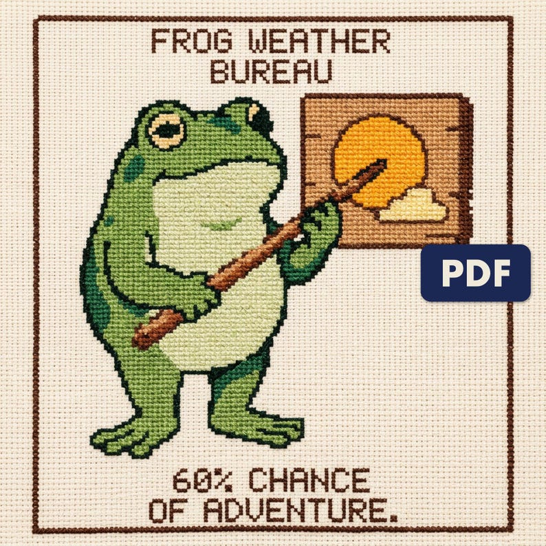 A finished frog weather bureau cross stitch piece, stitched and framed on a wall