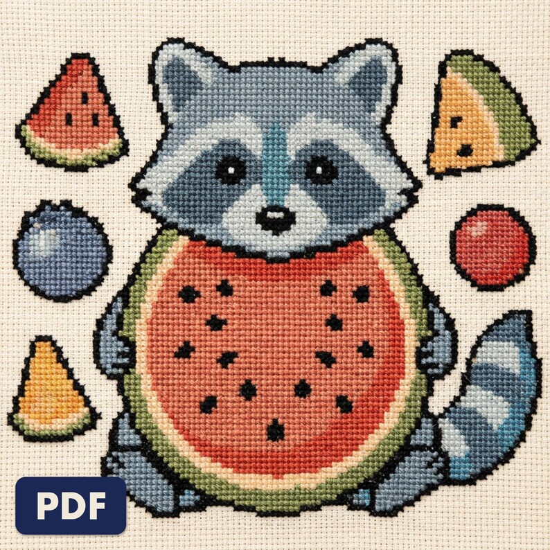 A finished raccoon cross stitch piece, stitched and framed on a wall