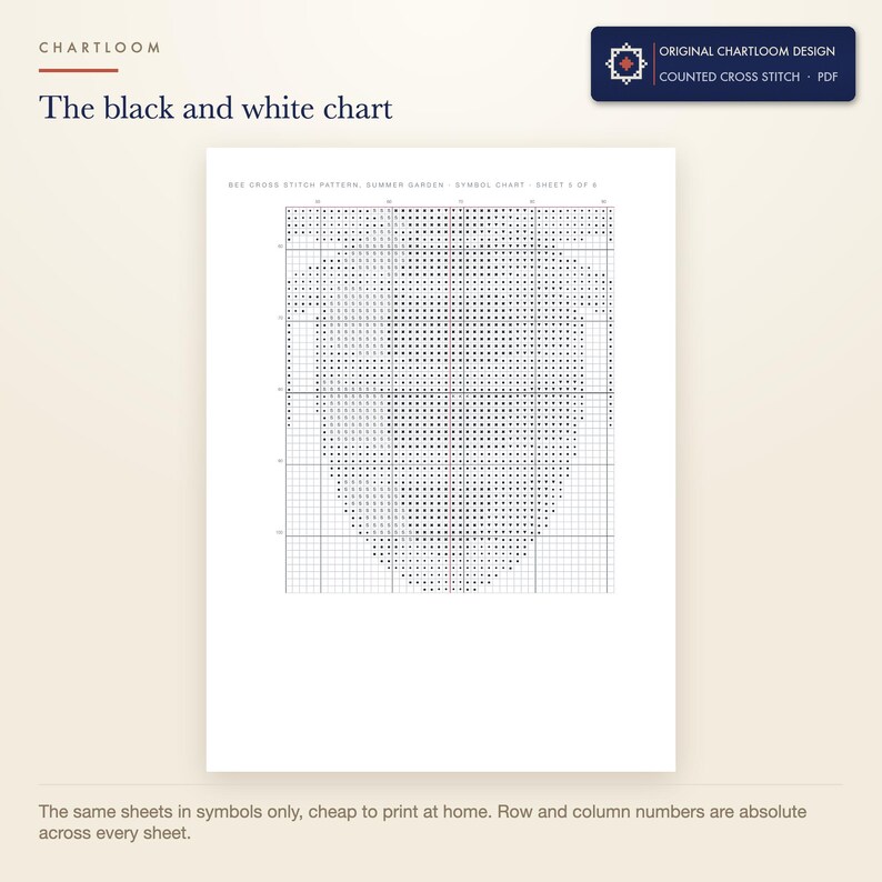 The black and white symbol chart from the a honeybee cross stitch pattern PDF, symbols only