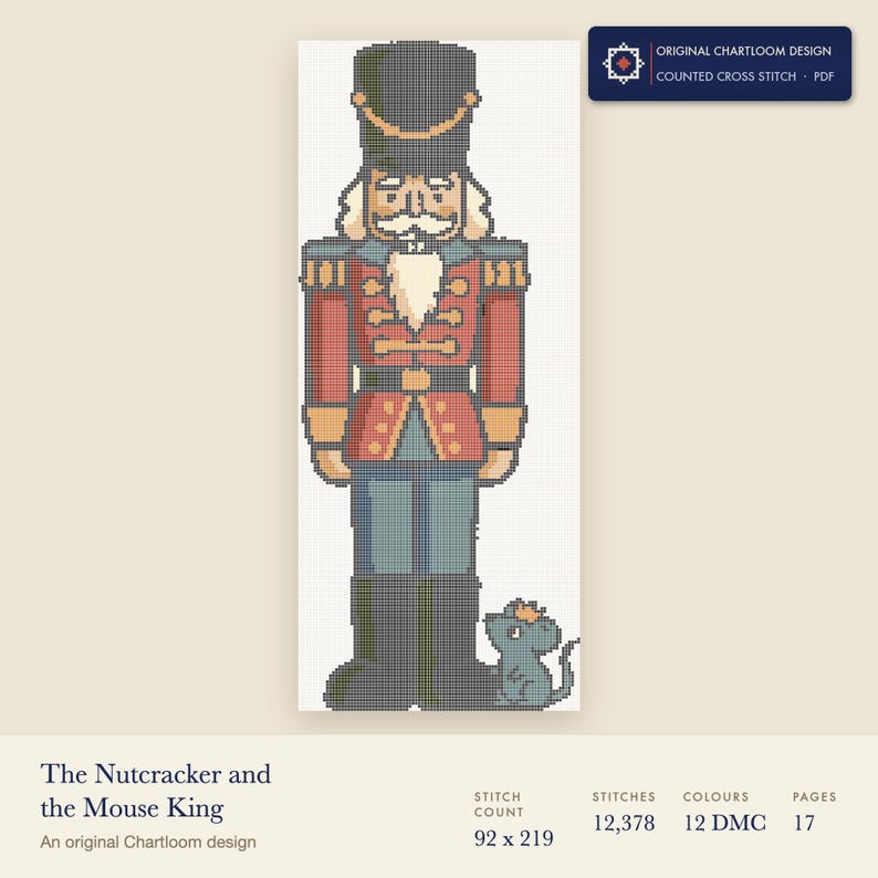 a nutcracker and a mouse king cross stitch chart shown as a colour preview with the stitch count and thread count
