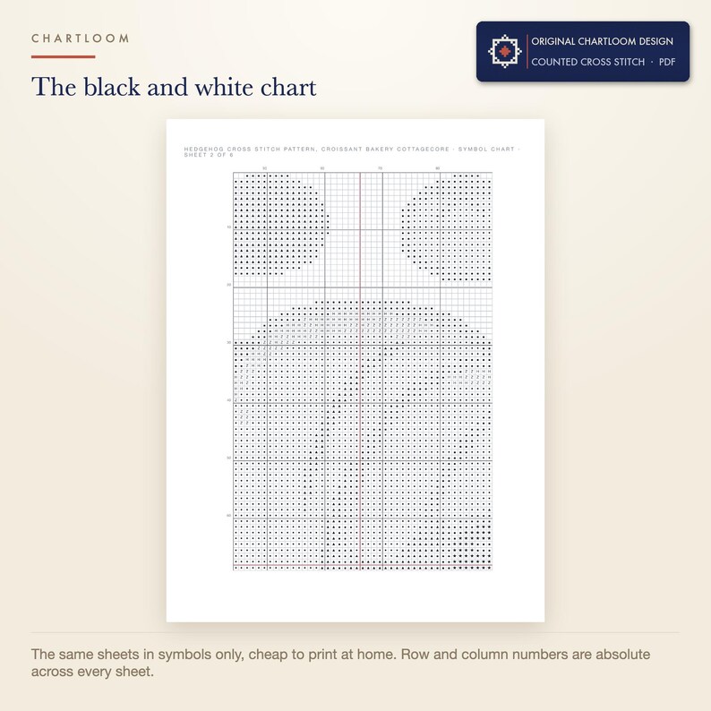 The black and white symbol chart from the hedgehog cross stitch pattern PDF, symbols only