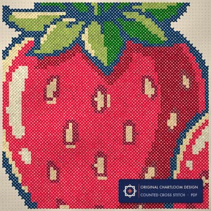 Close up of the strawberries cross stitch design worked stitch by stitch, every cross and thread colour visible