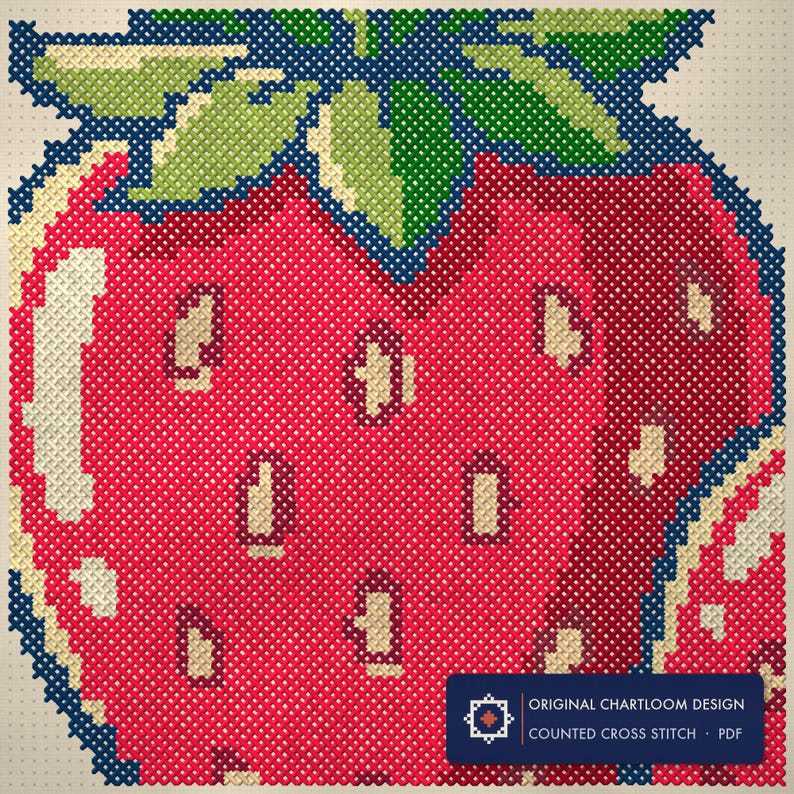 Close up of the strawberries cross stitch design worked stitch by stitch, every cross and thread colour visible