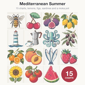 All 15 Mediterranean Summer cross stitch charts shown together as one bundle
