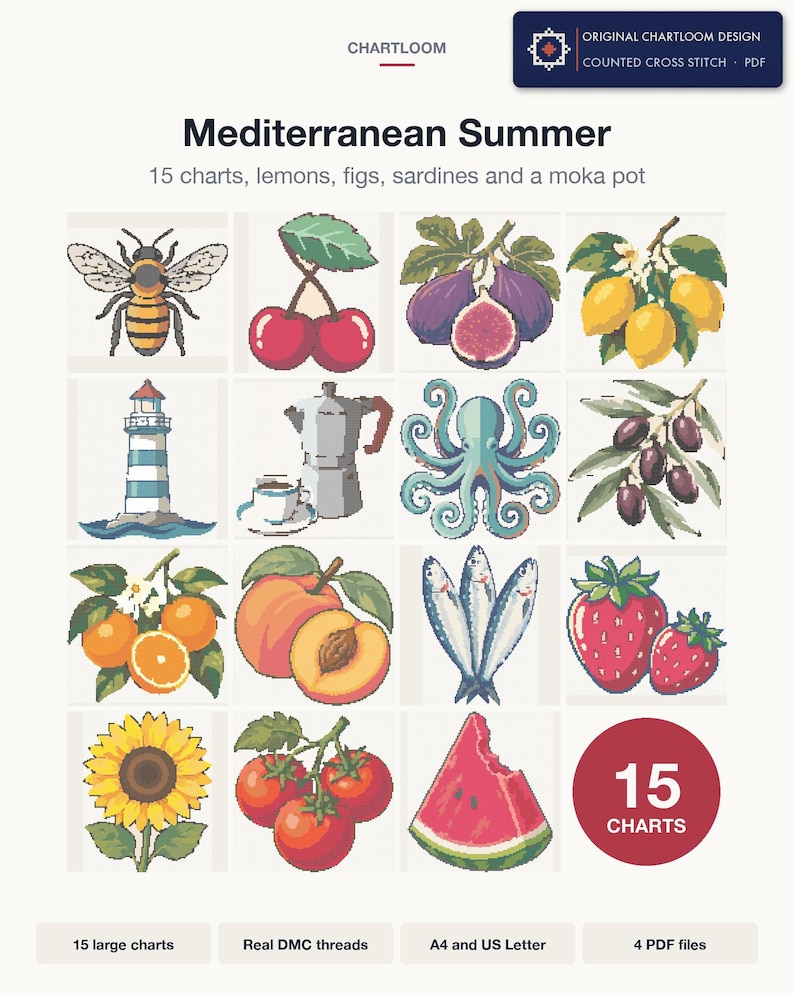 All 15 Mediterranean Summer cross stitch charts shown together as one bundle