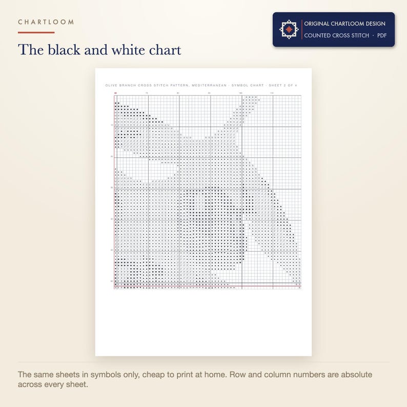 The black and white symbol chart from the an olive branch cross stitch pattern PDF, symbols only