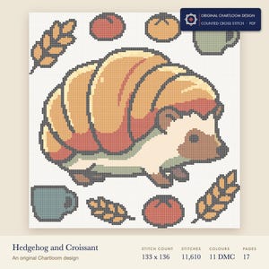 hedgehog cross stitch chart shown as a colour preview with the stitch count and thread count