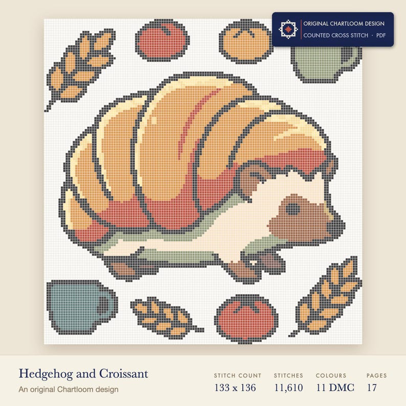 hedgehog cross stitch chart shown as a colour preview with the stitch count and thread count