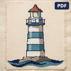 A finished a lighthouse cross stitch piece, stitched and framed on a wall