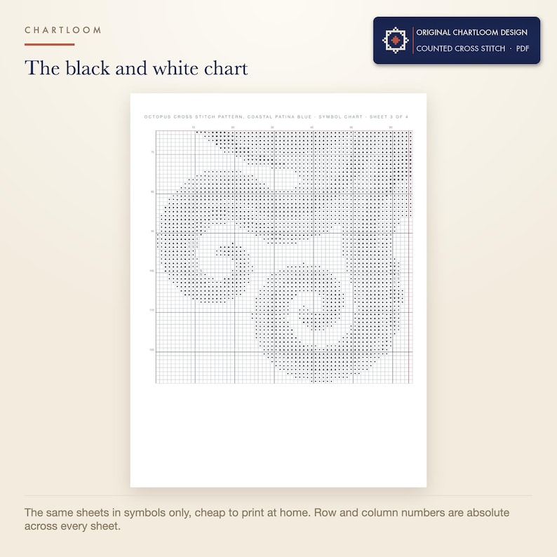 The black and white symbol chart from the an octopus cross stitch pattern PDF, symbols only