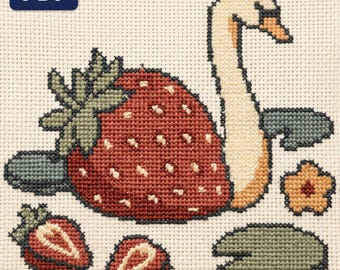 Strawberry Swan Cross Stitch Pattern, Food Animal Wall Decor (PDF Download)