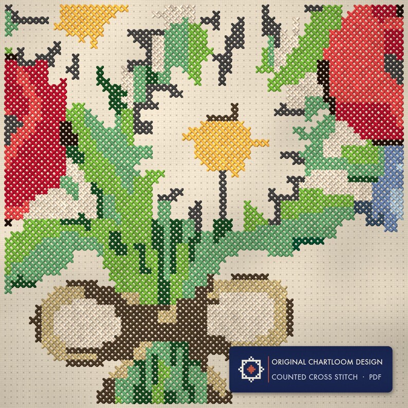 Close up of the a wildflower bouquet cross stitch design worked stitch by stitch, every cross and thread colour visible