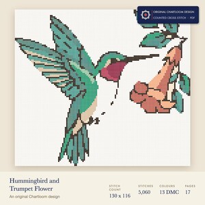 a hummingbird cross stitch chart shown as a colour preview with the stitch count and thread count