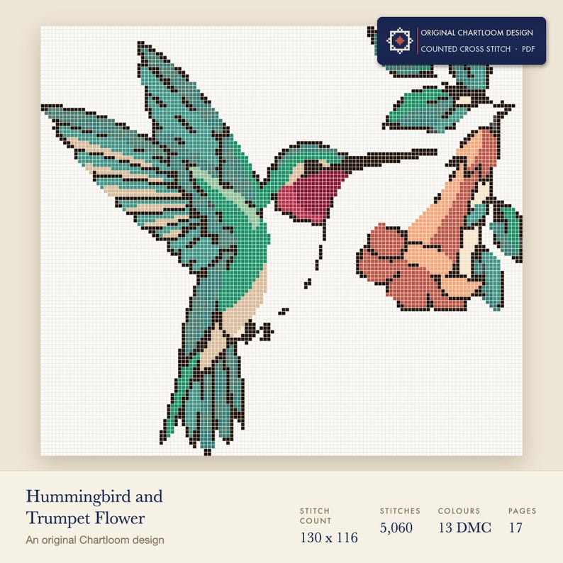 a hummingbird cross stitch chart shown as a colour preview with the stitch count and thread count