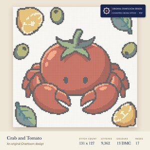 crab cross stitch chart shown as a colour preview with the stitch count and thread count