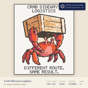 crab sideways logistics cross stitch chart shown as a colour preview with the stitch count and thread count