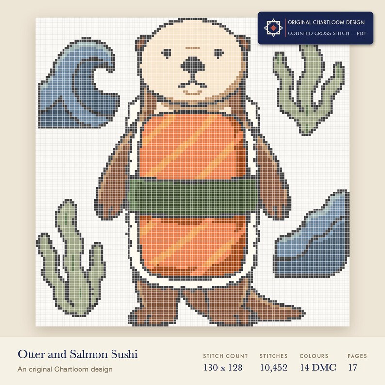 otter cross stitch chart shown as a colour preview with the stitch count and thread count