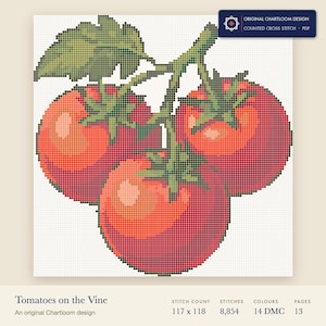 vine tomatoes cross stitch chart shown as a colour preview with the stitch count and thread count