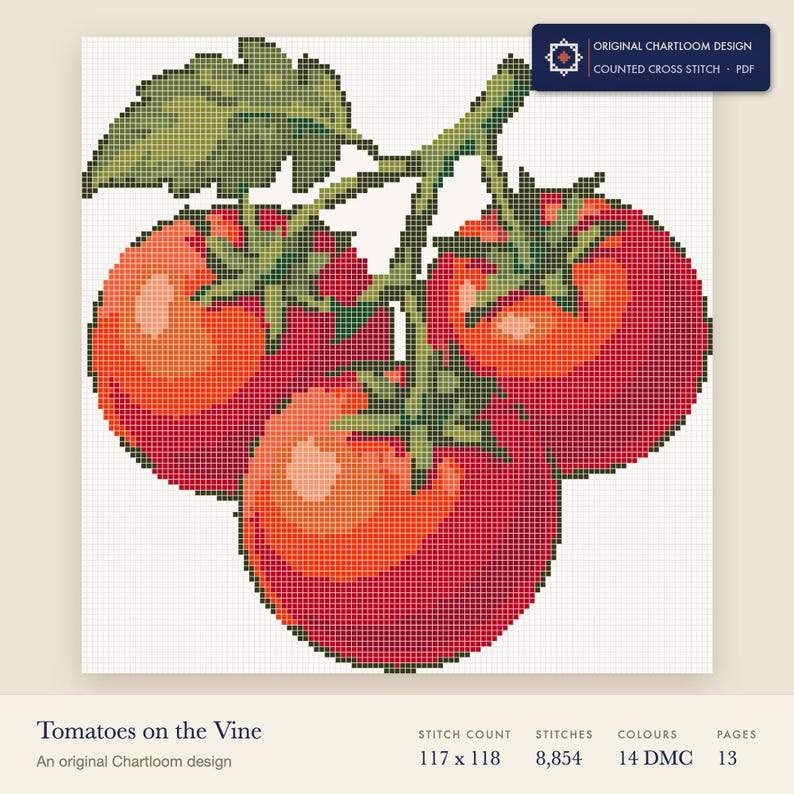 vine tomatoes cross stitch chart shown as a colour preview with the stitch count and thread count