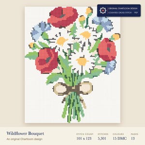a wildflower bouquet cross stitch chart shown as a colour preview with the stitch count and thread count
