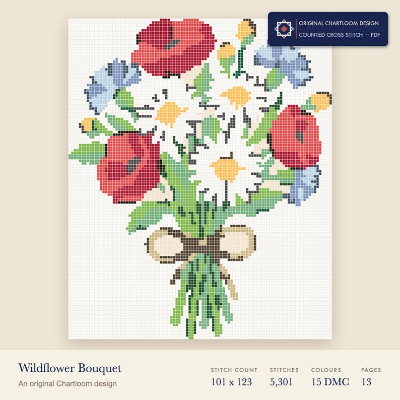 a wildflower bouquet cross stitch chart shown as a colour preview with the stitch count and thread count