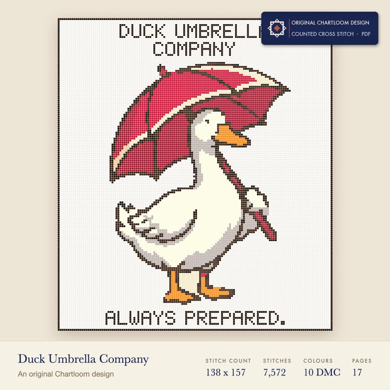 duck umbrella company cross stitch chart shown as a colour preview with the stitch count and thread count