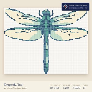 a dragonfly cross stitch chart shown as a colour preview with the stitch count and thread count