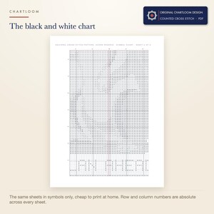 The black and white symbol chart from the squirrel acorn reserve cross stitch pattern PDF, symbols only