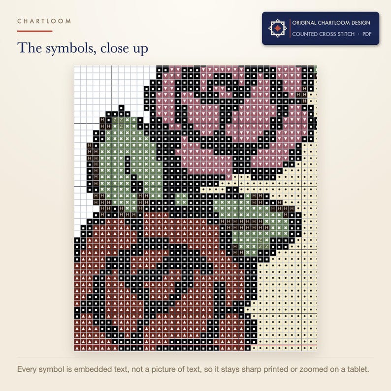 Close up of the printed symbols and grid on the rose wreath with crossed bones cross stitch chart