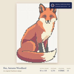 a red fox cross stitch chart shown as a colour preview with the stitch count and thread count