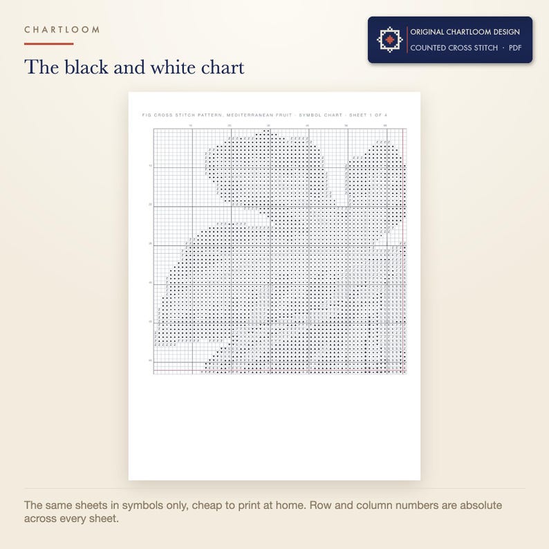 The black and white symbol chart from the purple figs cross stitch pattern PDF, symbols only