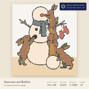 rabbits building a snowman cross stitch chart shown as a colour preview with the stitch count and thread count