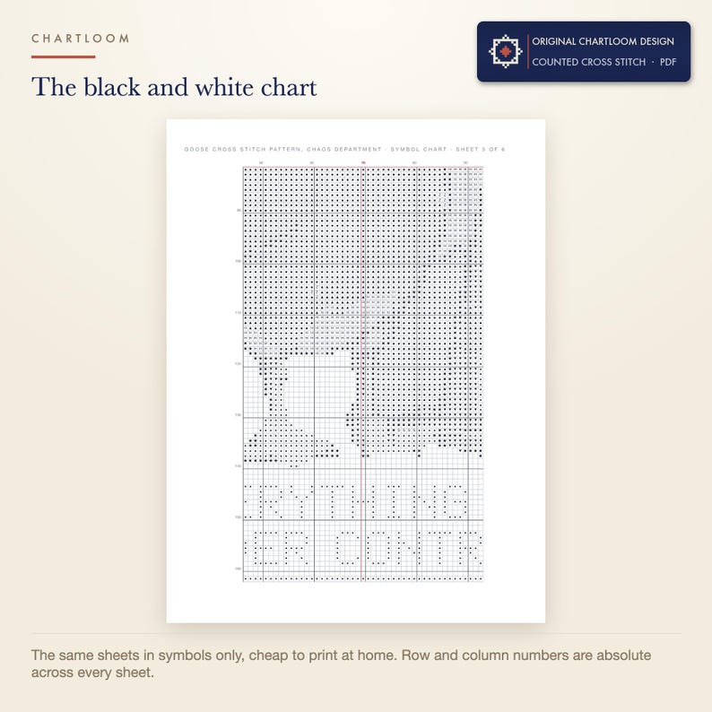 The black and white symbol chart from the goose chaos department cross stitch pattern PDF, symbols only