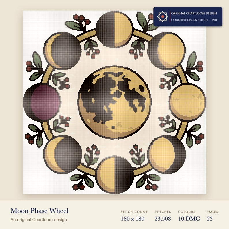 a moon phase wheel cross stitch chart shown as a colour preview with the stitch count and thread count