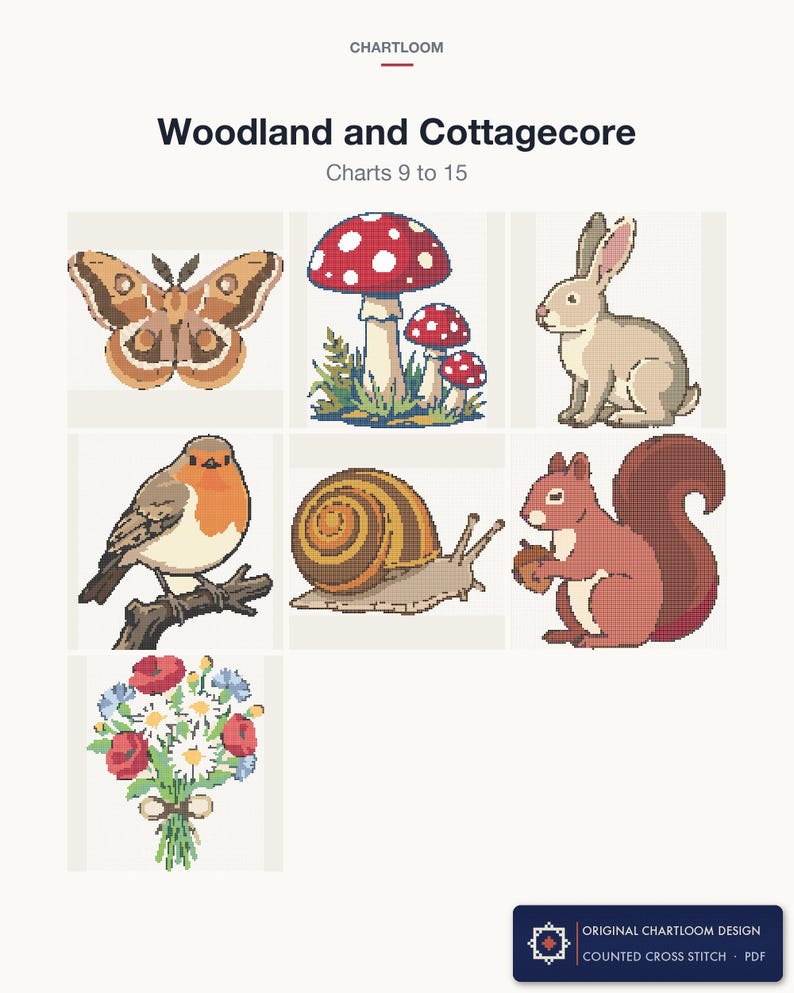 The remaining 7 cross stitch charts in the Woodland and Cottagecore bundle
