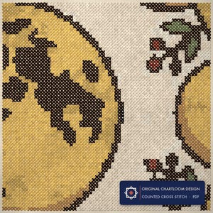 Close up of the a moon phase wheel cross stitch design worked stitch by stitch, every cross and thread colour visible