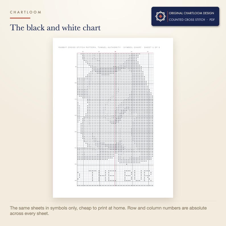 The black and white symbol chart from the rabbit tunnel authority cross stitch pattern PDF, symbols only