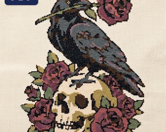 Patrón de punto de cruz de cuervo, calavera y rosas estilo tatuaje gótico, gráfico grande contado, PDF, descarga instantánea
