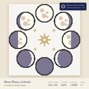 ring of eight moon phases cross stitch chart shown as a colour preview with the stitch count and thread count