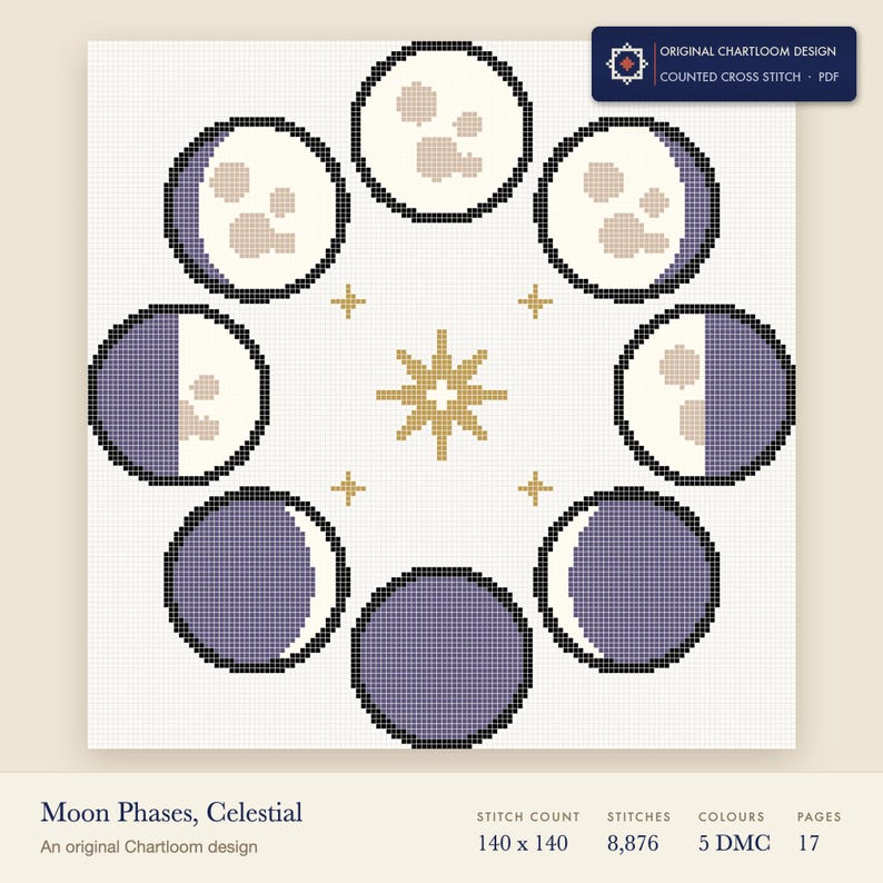ring of eight moon phases cross stitch chart shown as a colour preview with the stitch count and thread count