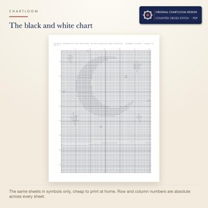 The black and white symbol chart from the an occult altar cross stitch pattern PDF, symbols only