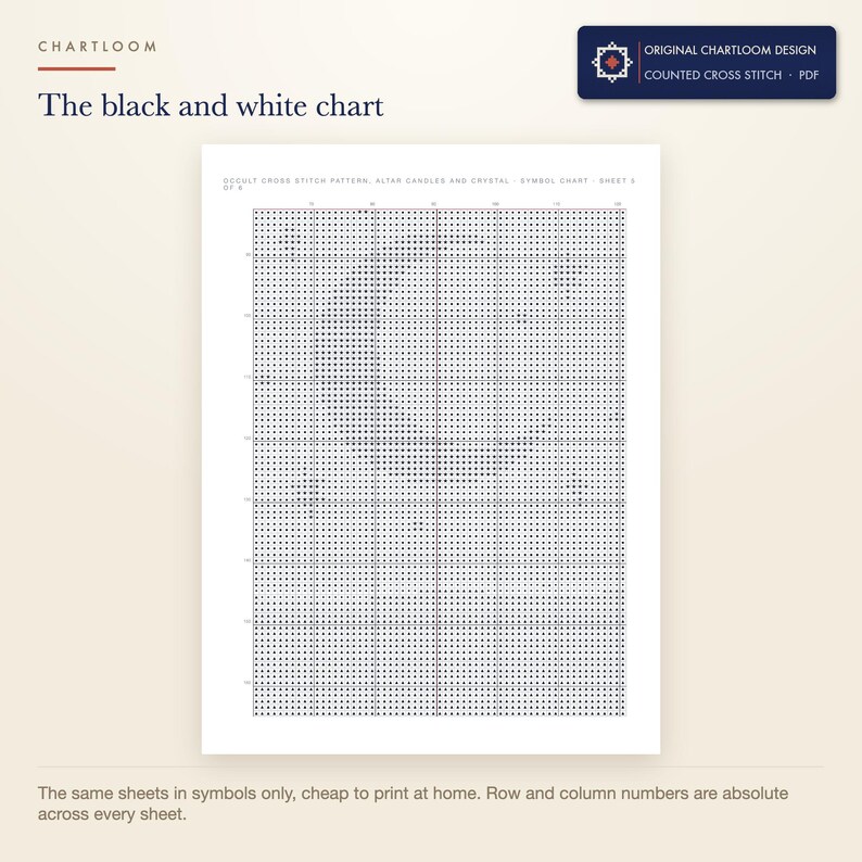 The black and white symbol chart from the an occult altar cross stitch pattern PDF, symbols only