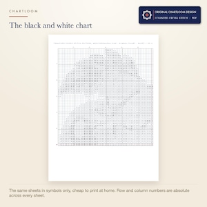 The black and white symbol chart from the vine tomatoes cross stitch pattern PDF, symbols only