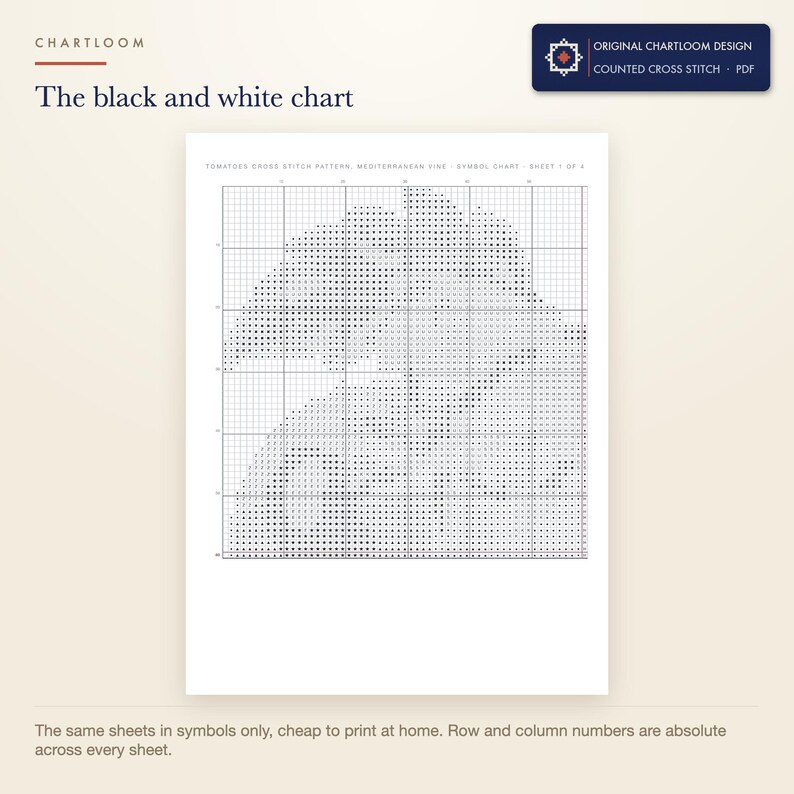The black and white symbol chart from the vine tomatoes cross stitch pattern PDF, symbols only